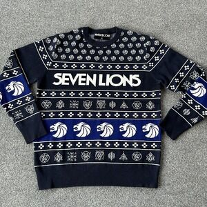 Seven Lions Sweater Mens XL Navy Blue Knit Crewneck Holiday EDM Rave Graphic